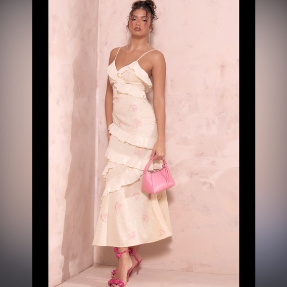 PrettyLittleThing Dresses & Skirts - Pretty little thing Lemon Chiffon Floral Frill Maxi nwt 14 summer floral formal